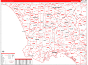 Southern Los Angeles County Metro Area Wall Map Red Line Style